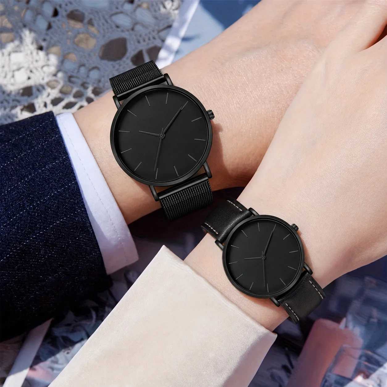 Luxury Simple Couple Watches Set 2Pcs Thin Round Dial Mesh Strap & Leather Band Quartz Wristwatches For Men Women Couple Gift