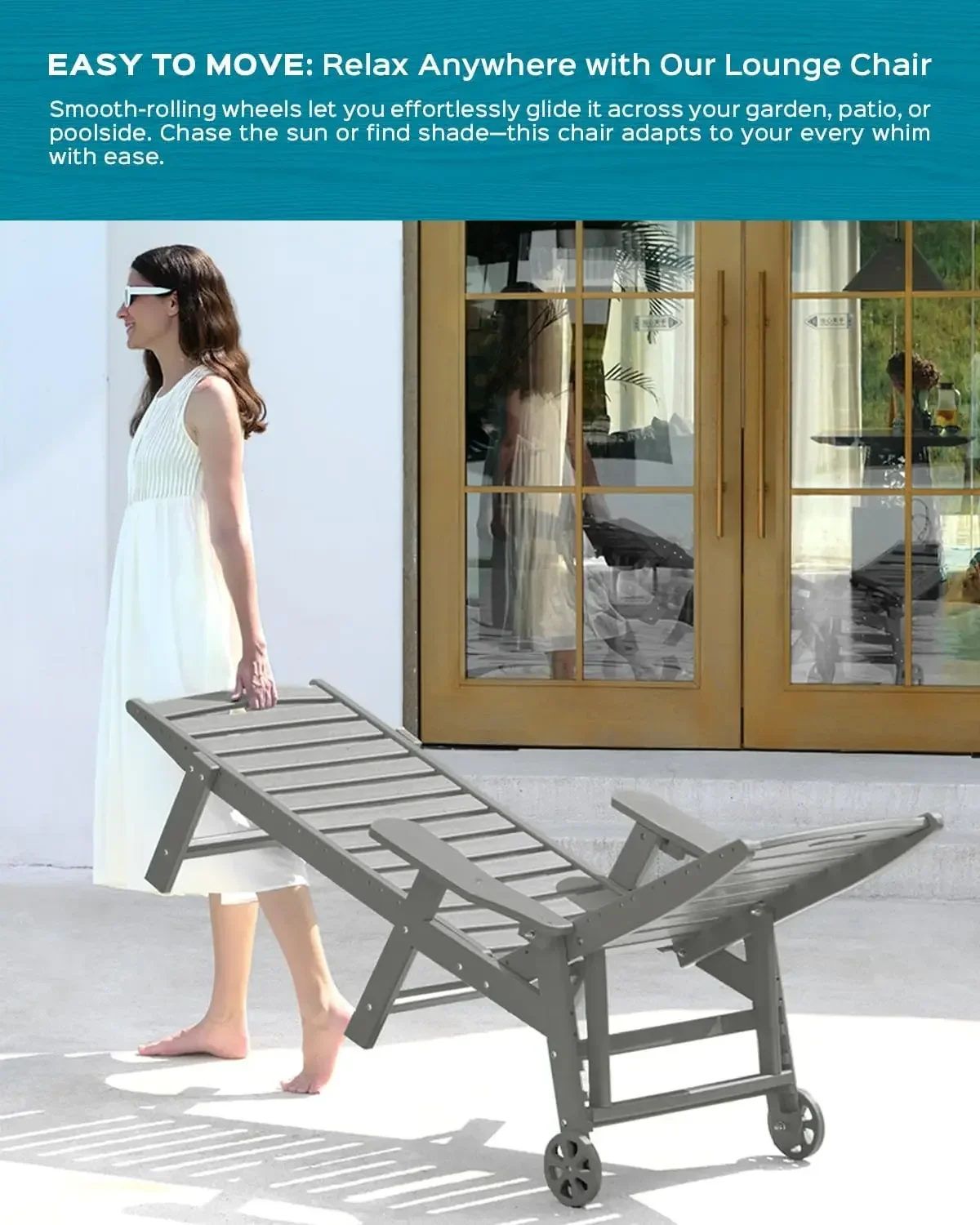 Lounge Chair Outdoor, Oversized Chaise Lounge Chair with 5 Positions, HDPE, Patio Lounge Chair with Wheels & Cup Holder for Pool