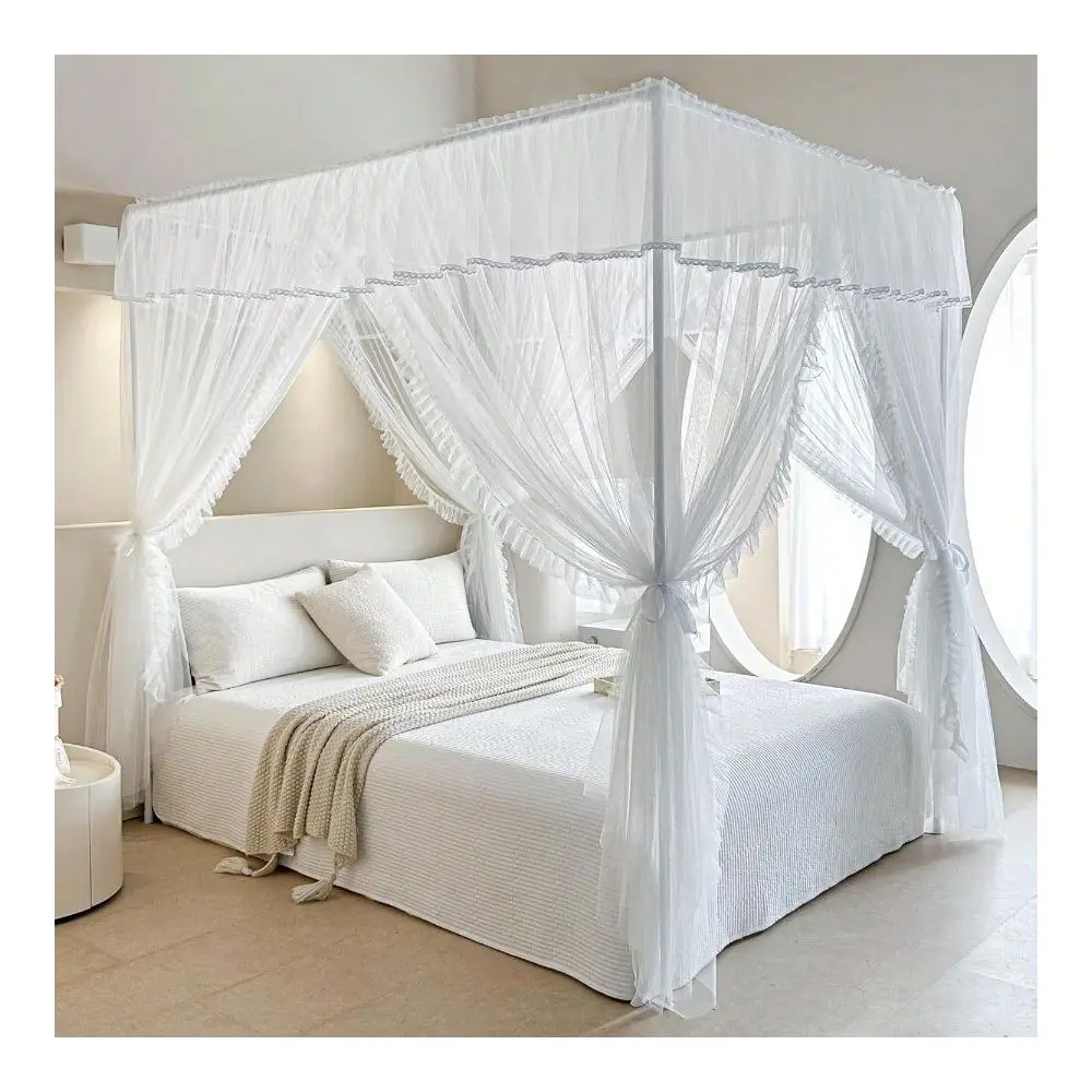 

4 Corners Post Ruffle Princess Bed Canopy Curtain Double Layer Cozy Drape Netting With 4 Openings Elegant Mosquito Net For Girls