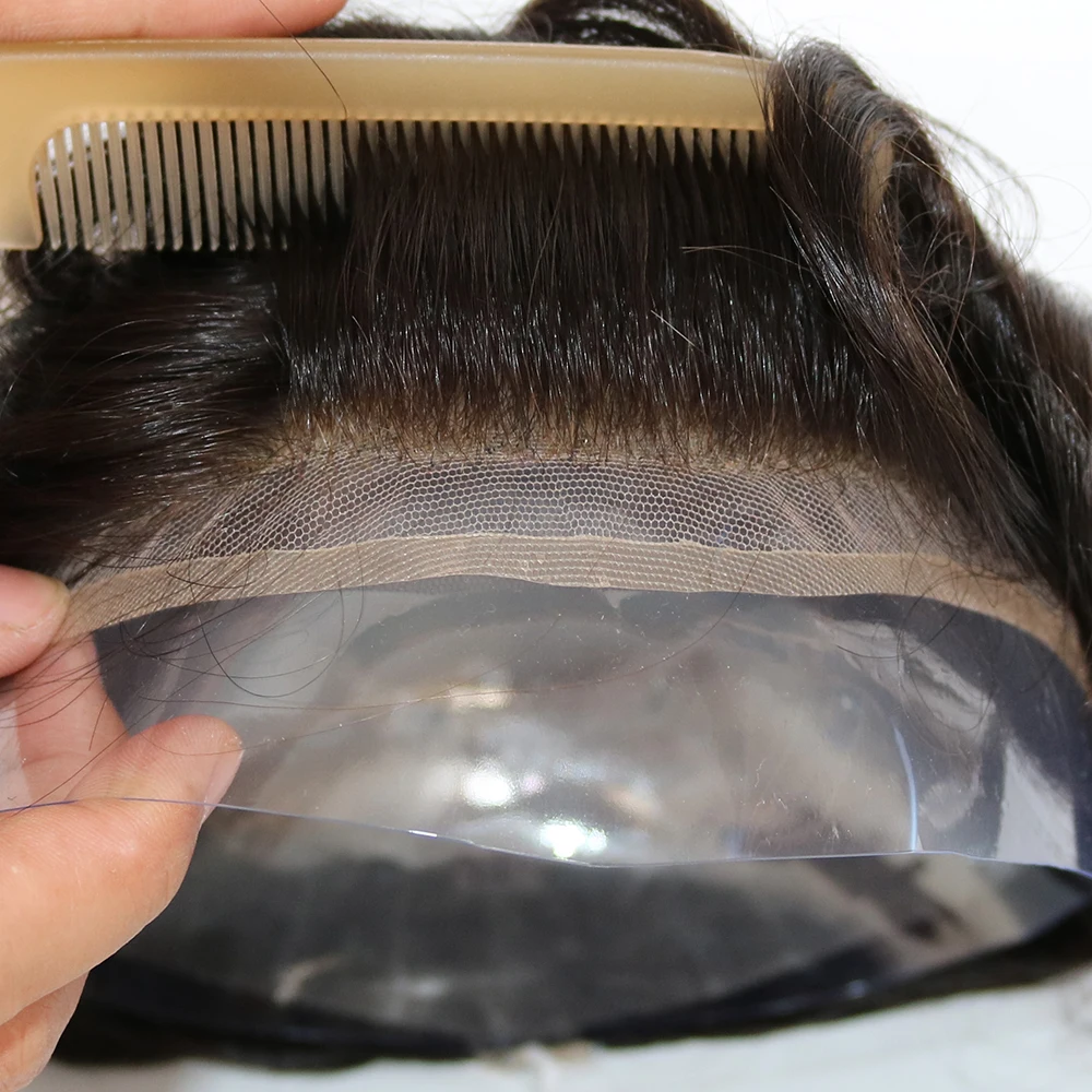 # 1B rambut palsu pria renda Swiss Super Q6 hitam & PU sekitar 100% rambut manusia wig pria adem renda depan rambut palsu pria obral tidak dapat dilepas