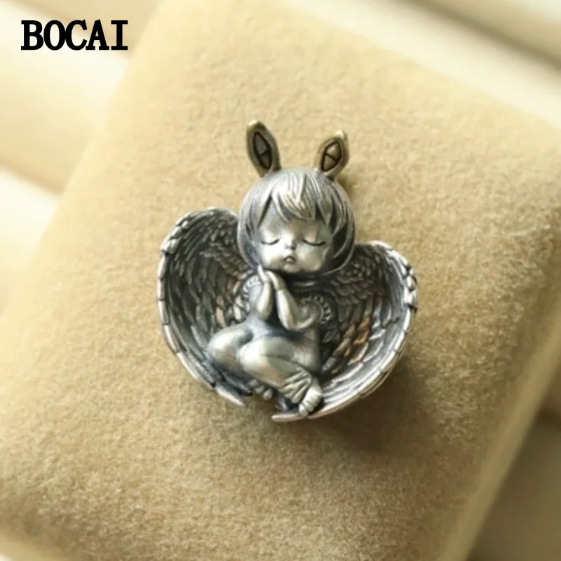 

BOCAI New S925 Silver Retro Luxurious Cute Heart-shaped Winged Sleeping Angel Pendant Female Gift