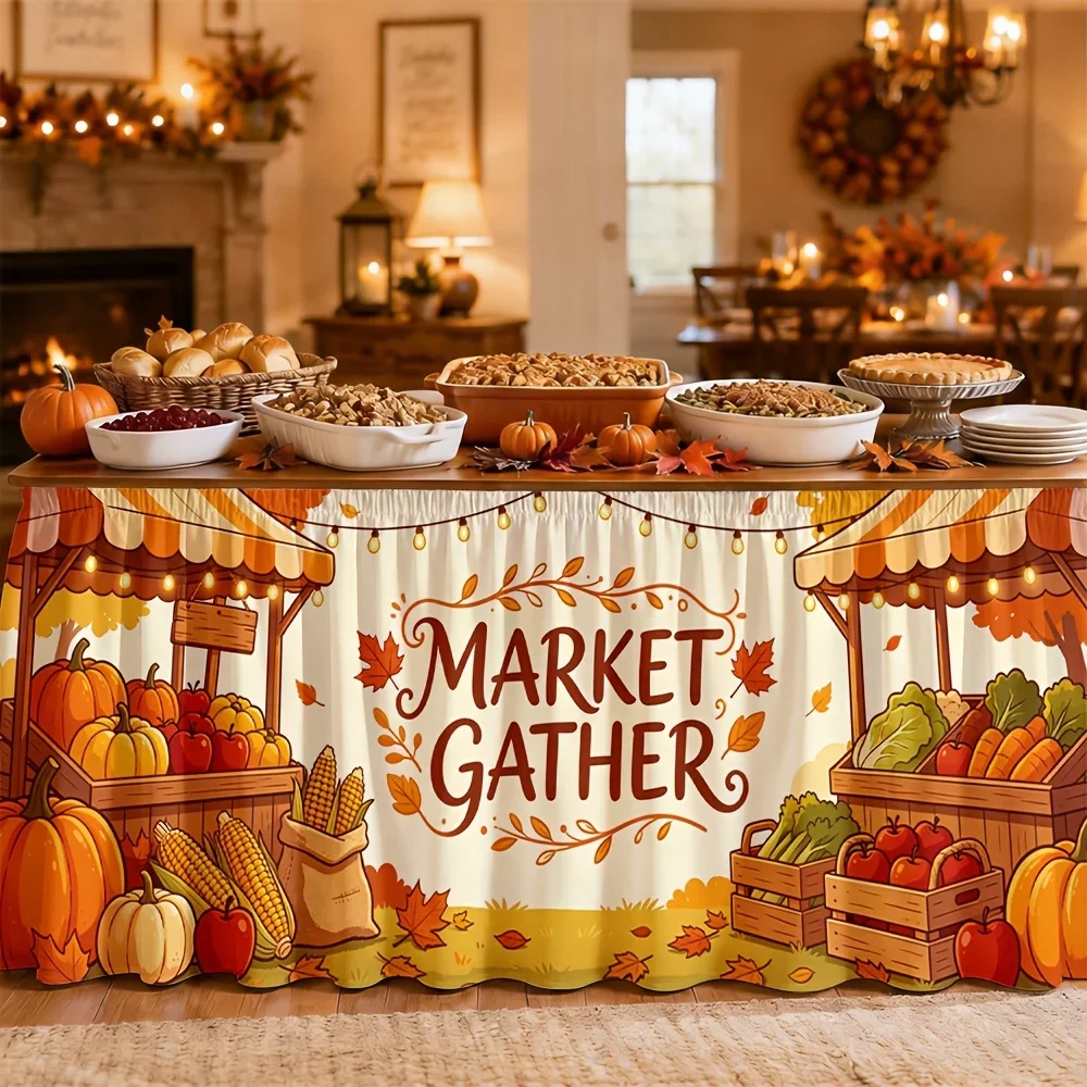 One table skirt. Market party print table skirt. Polyester autumn harvest farm site. Rural fashion seasonal decoration.