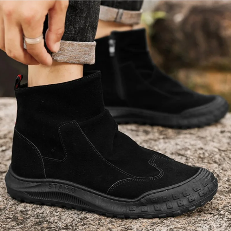 High Top Men Boots Fashion Work Shoes Luxury Motorcycle Boot Labor Protection Shoes Comfort Non-slip Zipper Shoe Bota Masculina