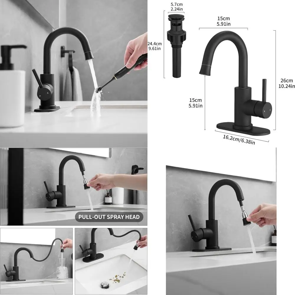 

Single Handle Kitchen Faucet with Pull-Out Spray, Pop-Up Drain Bar Sink, 4-Inch Deck Plate, 360° Swivel for Farmhouse Vanity
