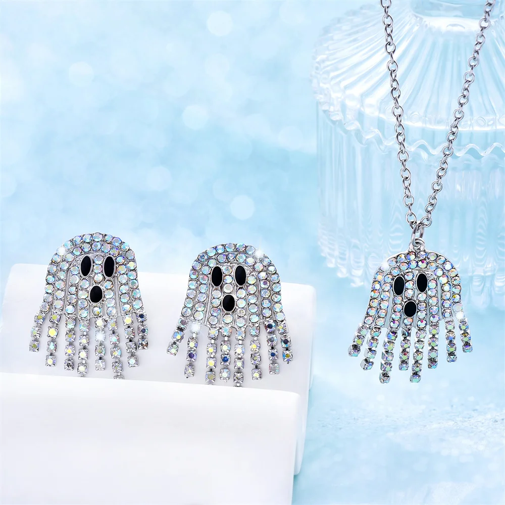 

harong Halloween Ghost Stud Earrings Summer Beach Cute Full Shining Crystal Tassels Earring Jewelry Gifts for Women