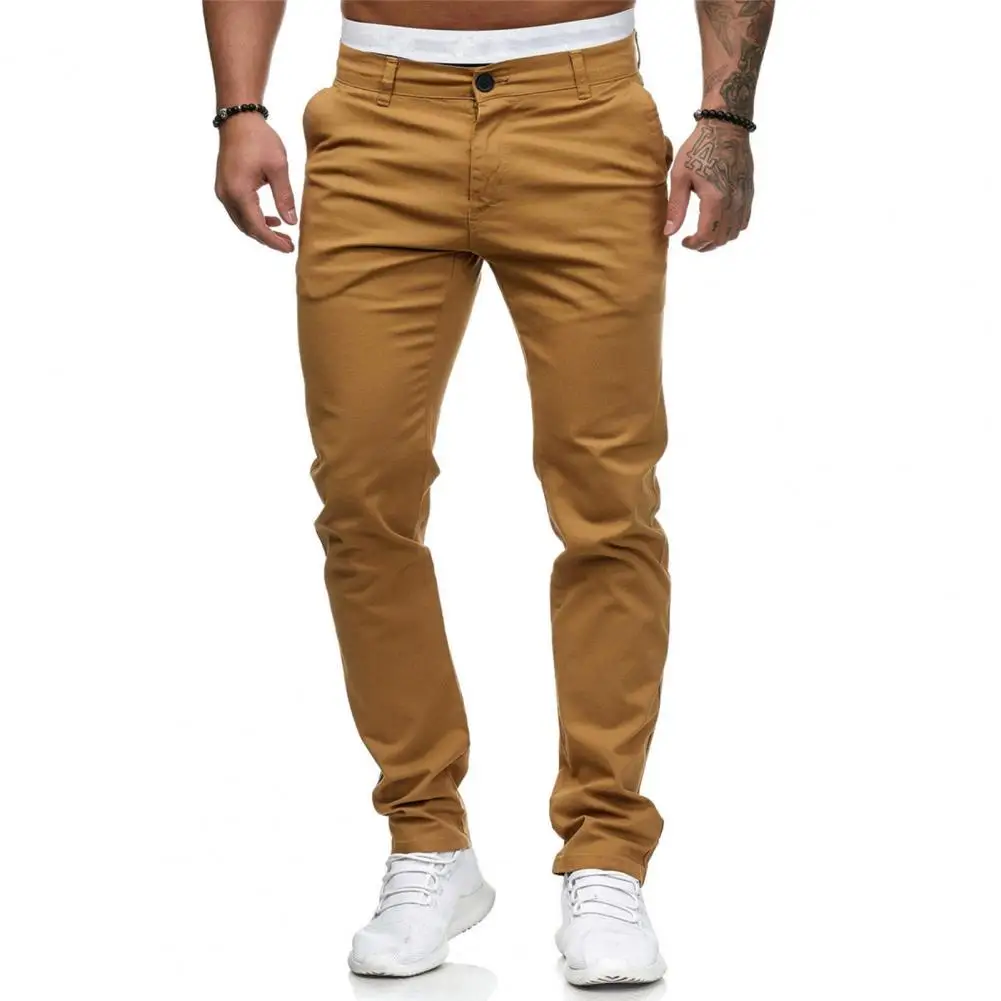 Men Pants Mid Waist Zipper Button Closure Thin Pockets Slim Fit Pencil Pants Side Pockets Sports Pants Men Casual Trousers