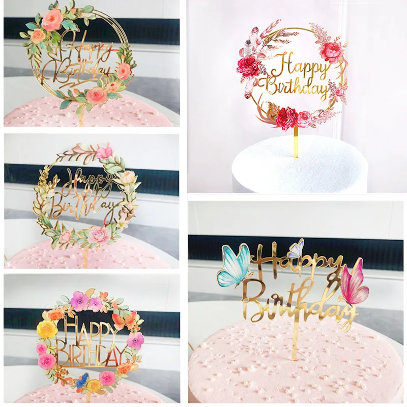 Nuovi fiori colorati Happy Birthday Cake Topper acrilico dorato festa di compleanno decorazione Dessert per Baby shower forniture da forno