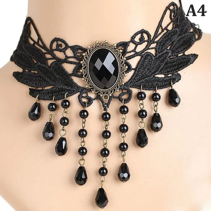 1PCS Gothic Victorian Black Lace Necklace Women Girl Crystal Tassel Sexy Lace Choker Steampunk Dark Loli Style Halloween Jewelry