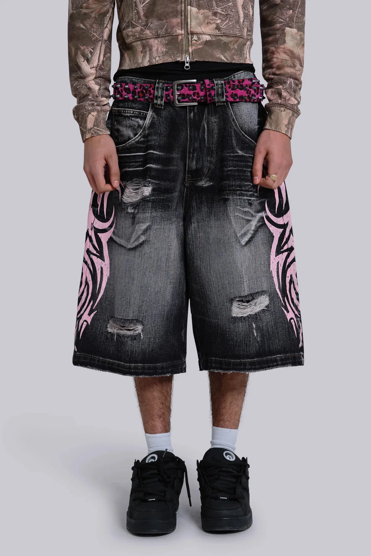 

2026 Men's Fashion Street Fashion Harajuku Y2K Baggy Jeans New Gothic Flame Print Used In Old Washing And Worn Five-point Jeans