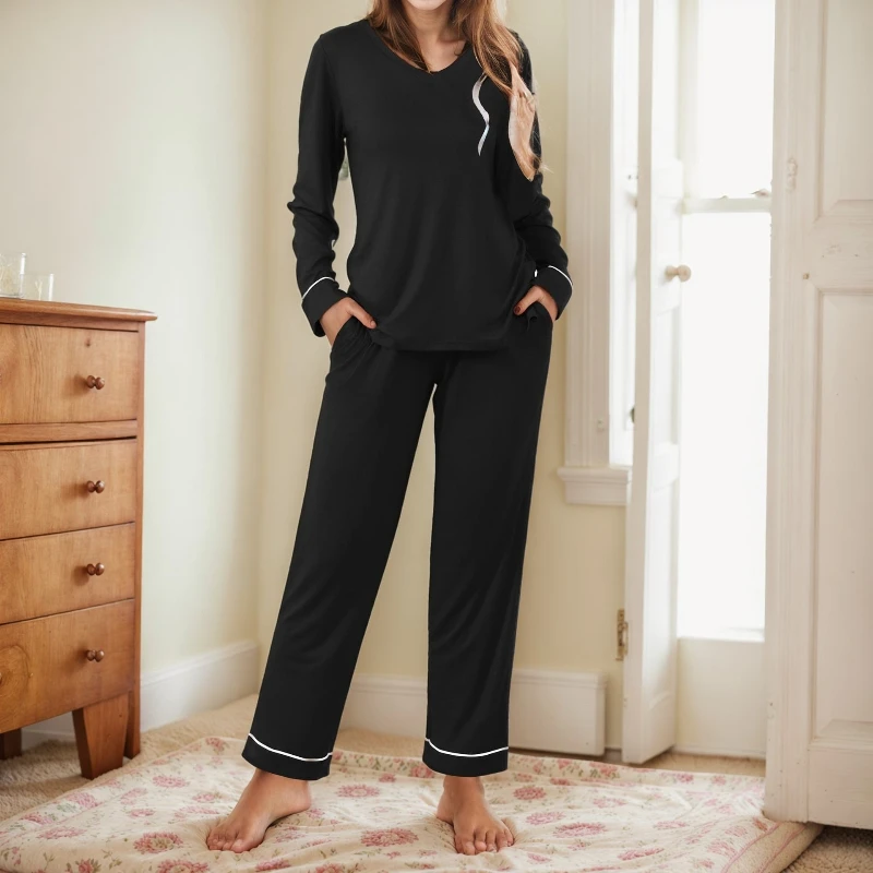Krismile Spring Autumn Pajama Sets for Women 2025 New V Neck Long Sleeve Pullovers Soft Pants Ladies Sleepwear Loungewear