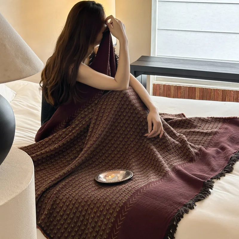 Vintage Fringed Sofa Blanket 100% Cotton Gauze, Warm Yarn-Dyed Multifunctional Throw for Bed Couch, Lightweight Cozy Home Decor