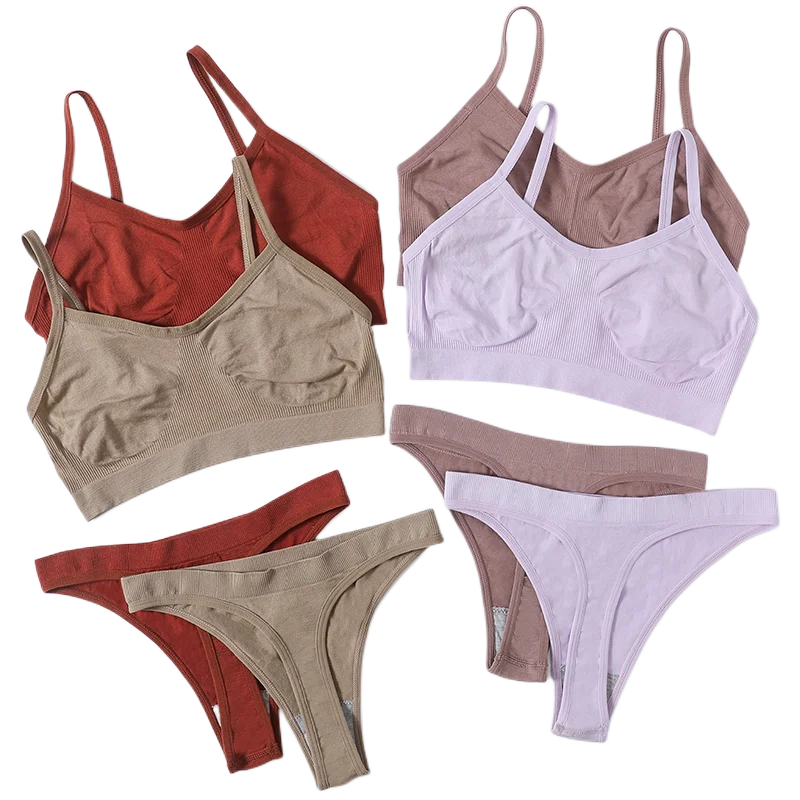 Conjunto de Sujetador deportivo sin costuras para mujer, ropa interior cómoda, tangas de cintura baja, Top corto suave sin aros, conjunto de