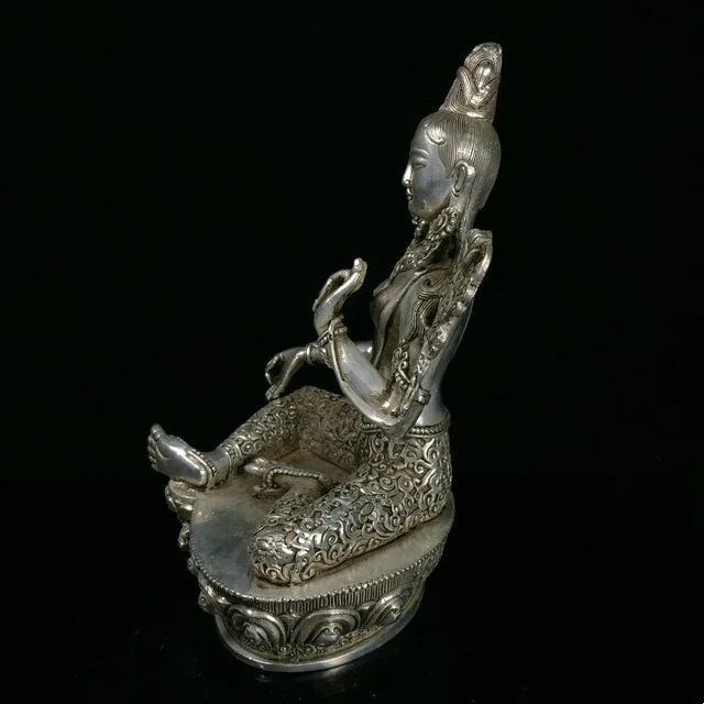 Old Chinese Tibet Silver Handmade Diamond Nepal The Bodhisattva Manjusri Bodhisattva Statue