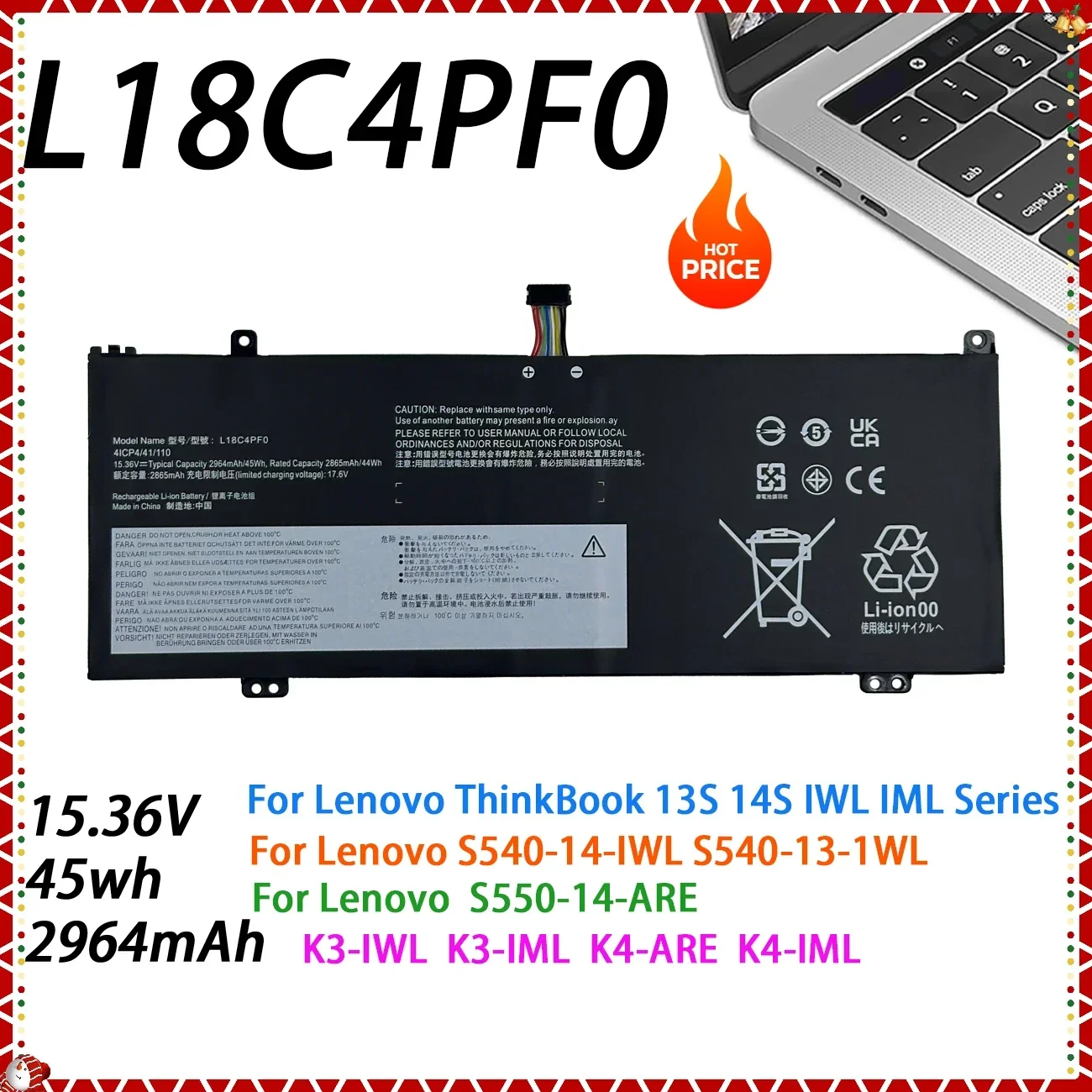 NEW L18C4PF0 Laptop Battery for Lenovo ThinkBook 13S 14S 13S-IML 13S-IWL 14S-IML 14S-IWL Series S540-13-IWL  L18D4PF0 L18M4PF0