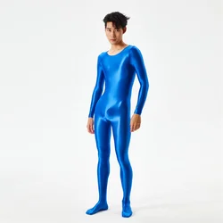 Autumn Spring Mens Shiny Glossy Zentai Suit Lingerie Long Sleeve Sport Gym Fitness Bodysuit Jumpsuit Costume