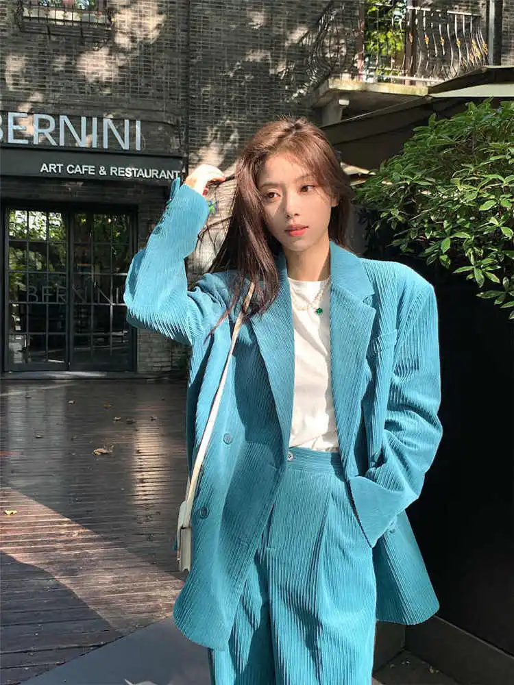 

Insozkdg Spring Autumn British Style Short Corduroy Blazer Coat Wide Pants Set Retro Casual Solid Color Suit Pants Two-piece Set