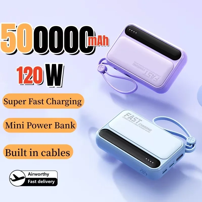 

500000mAh 120W Power Bank Large Capacity 4 in1 Cables Intelligent Digital Display Light Portable Powerbank For iPhone Huawei New