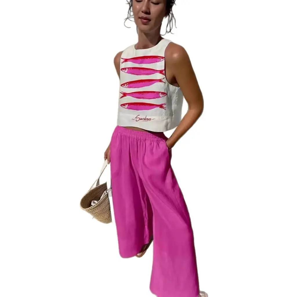 

European And American Style Loose Sports Suit Casual Wide-Leg Pants Marine Element in Stock Women's Fashion Set