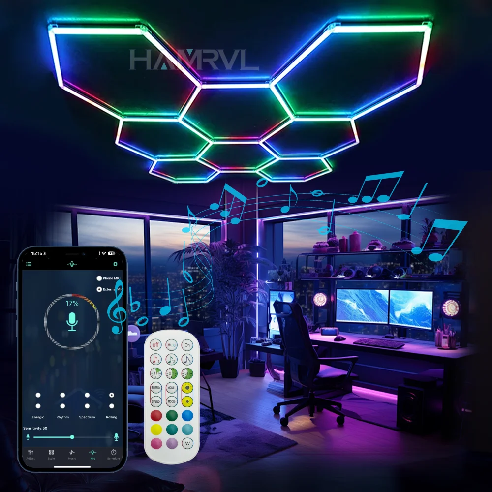 RGB Hexagon Garage led Light APP Music Remote Control Color Change Decor Effect Lighting for Gym Bar Karaoke Game Hall Room Club