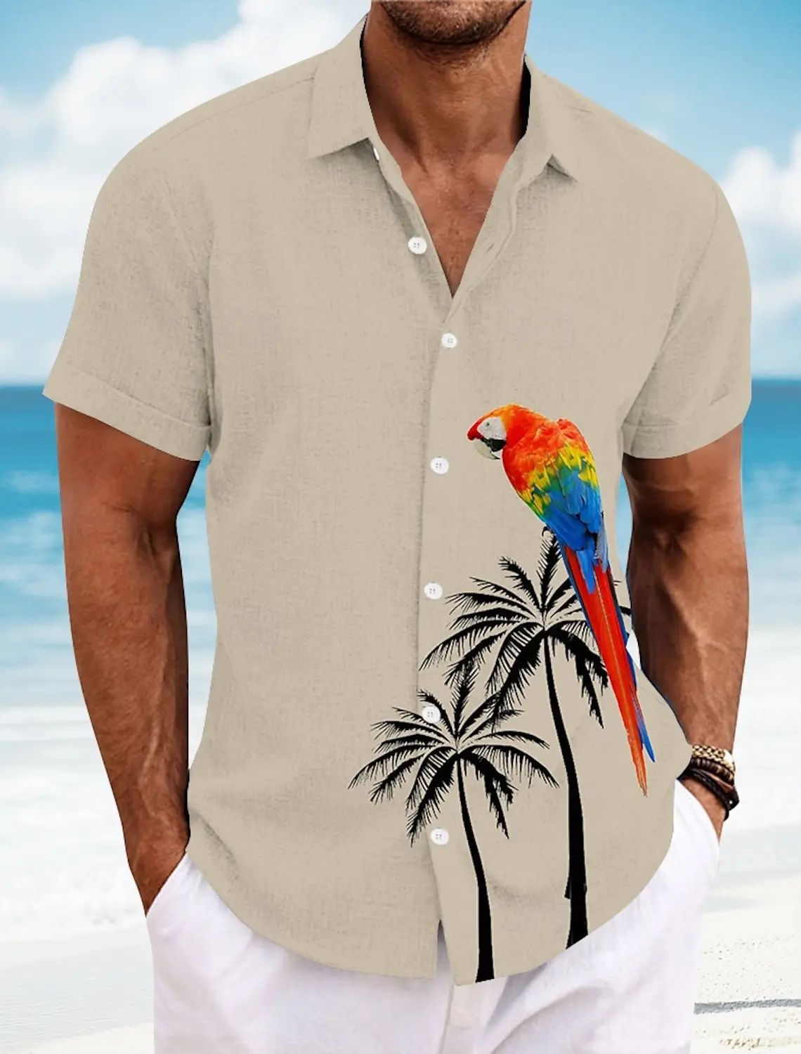 Men's Bird Coconut Tree Parrot Casual Shirt Summer Hawaiian Shirt Button Up Shirt Short Sleeve Hawaiian 3D Print Collared Shirts