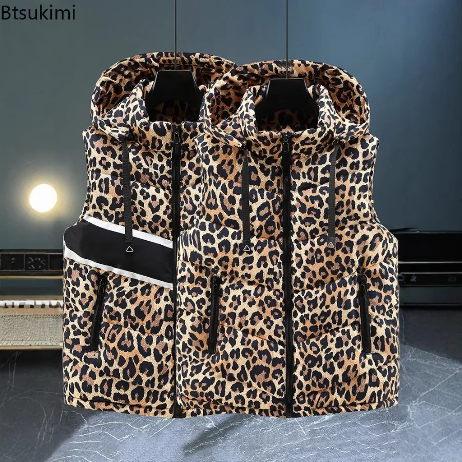 Fashion Thickened Parkas Vests Men's Autumn Winter New Stand Collar Zipper Warm Waistcoats Couple Leopard Casual Vest Streetwear