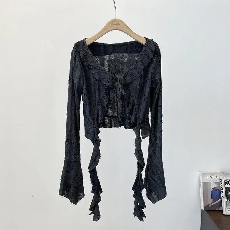 Crop Blouses 2026 Women's Clothes V-neck Flare Sleeve Bandage Shirts Crop Tops Camisas De Mujer Hollow Out Ruffles Summer Blouse