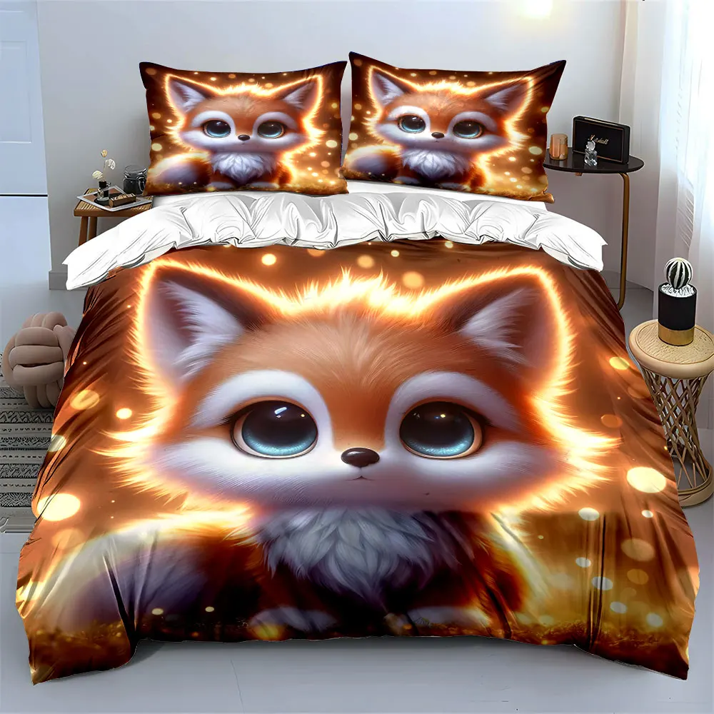 Cute little fox with dreamy lights Duvet Cover Set with 3D Printing Design Soft Polyester Bedding Set All-Season Comfort