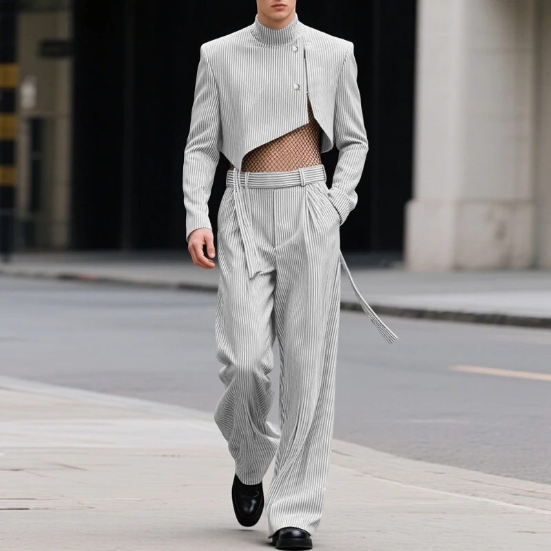 INCERUN, conjuntos para hombre, chaqueta corta elegante a rayas de manga larga y pantalones, conjuntos de dos piezas, ropa de calle holgada, trajes informales de moda para hombre 2025