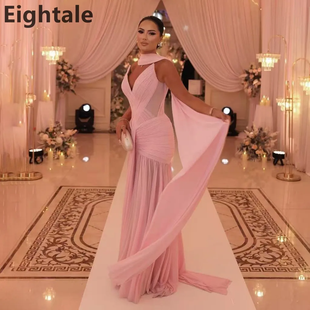 فستان سهرة طويل من الشيفون بطيات حورية البحر باللون الوردي من Eightale 2025 مع لف فستان حفلة موسيقية عربي سعودي فستان حفلة دبي مخصص #1