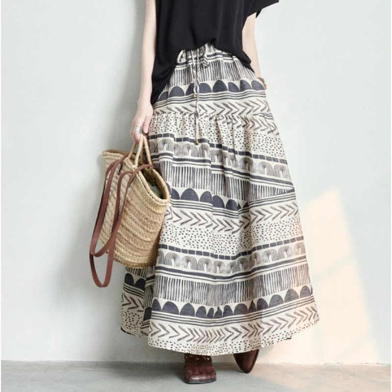 Gonna mezza lunghezza traspirante in lino stile artistico nuovo design originale estivo 2025 per donna