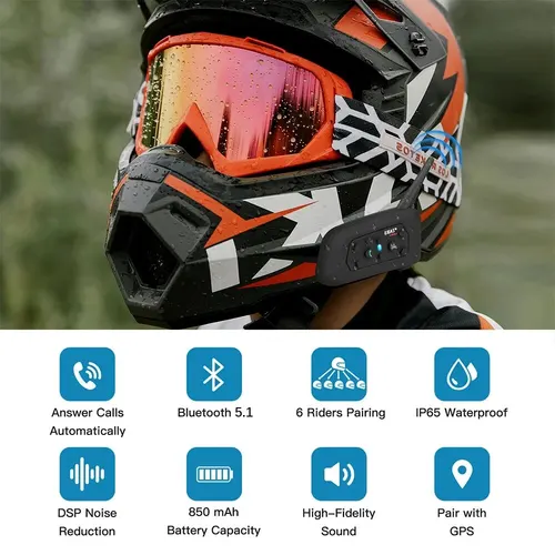 Imagen 2 del producto EJEAS V6 PRO + casco de motocicleta auriculares Bluetooth intercomunicador comunicador 800M para 2 conductores IP65 impermeable música interfono