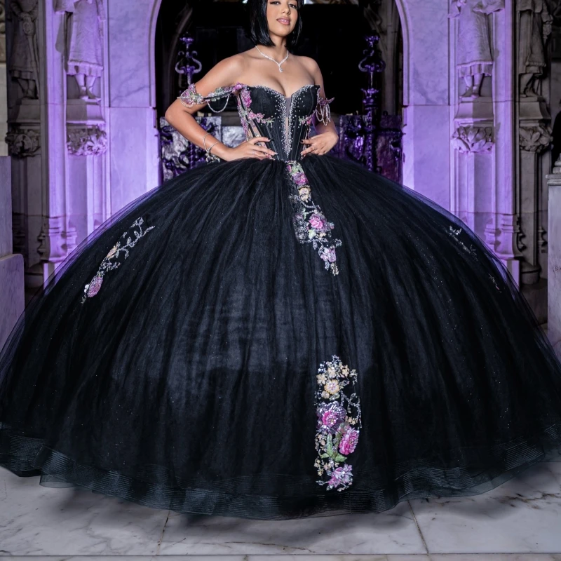 

Black Shiny Quinceanera Dresses Ball Gown Off The Shoulder Applique Lace Beads Bow Tull Corset Party Birthday Sweet 16 Dress Ves