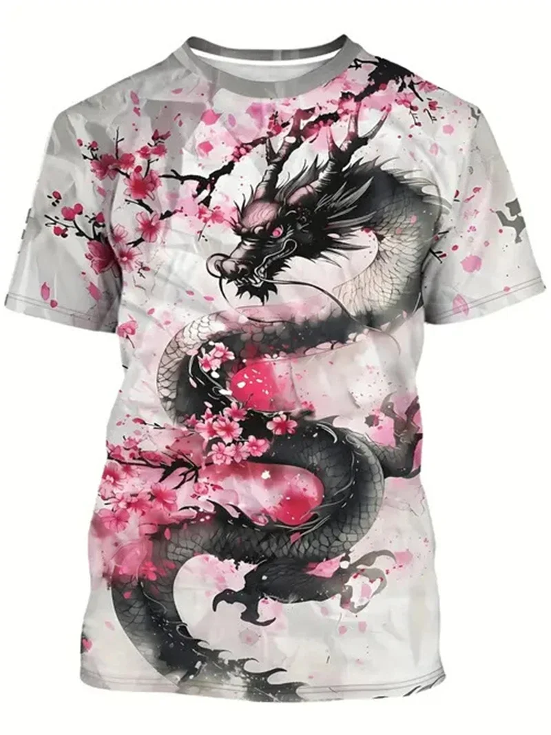 Herren-T-Shirt mit Kirschblüten-Drachen-Print, lässiger Rundhalsausschnitt, kurzärmelig, japanischer Stil, Grafik-Tops für Streetwear