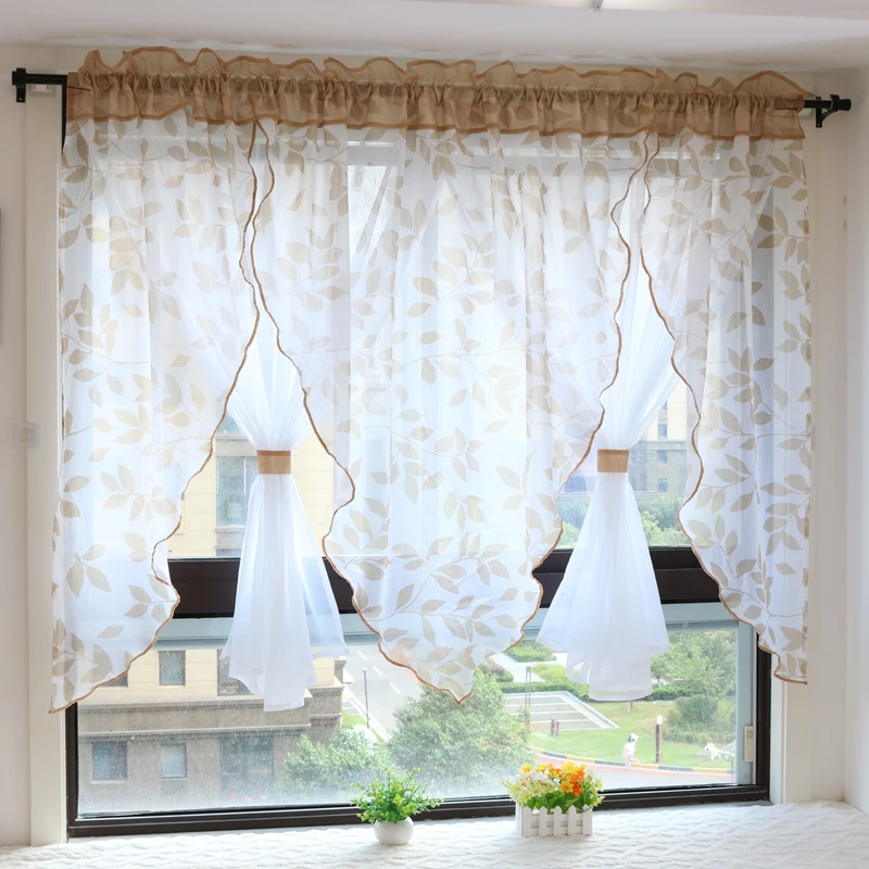 Schleier mit Blätter-Print und weißem Voile, doppellagig, Fenstervorhänge für Küche, Wohnzimmer, Schlafzimmer