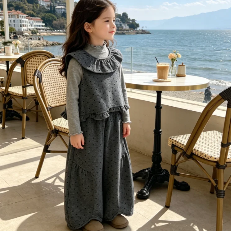 Girls Suit 2026 Spring and Autumn New Children's Clothing Korean Girl Baby Lace Polka Dot Vest Wide Leg Pants Three-piece Set