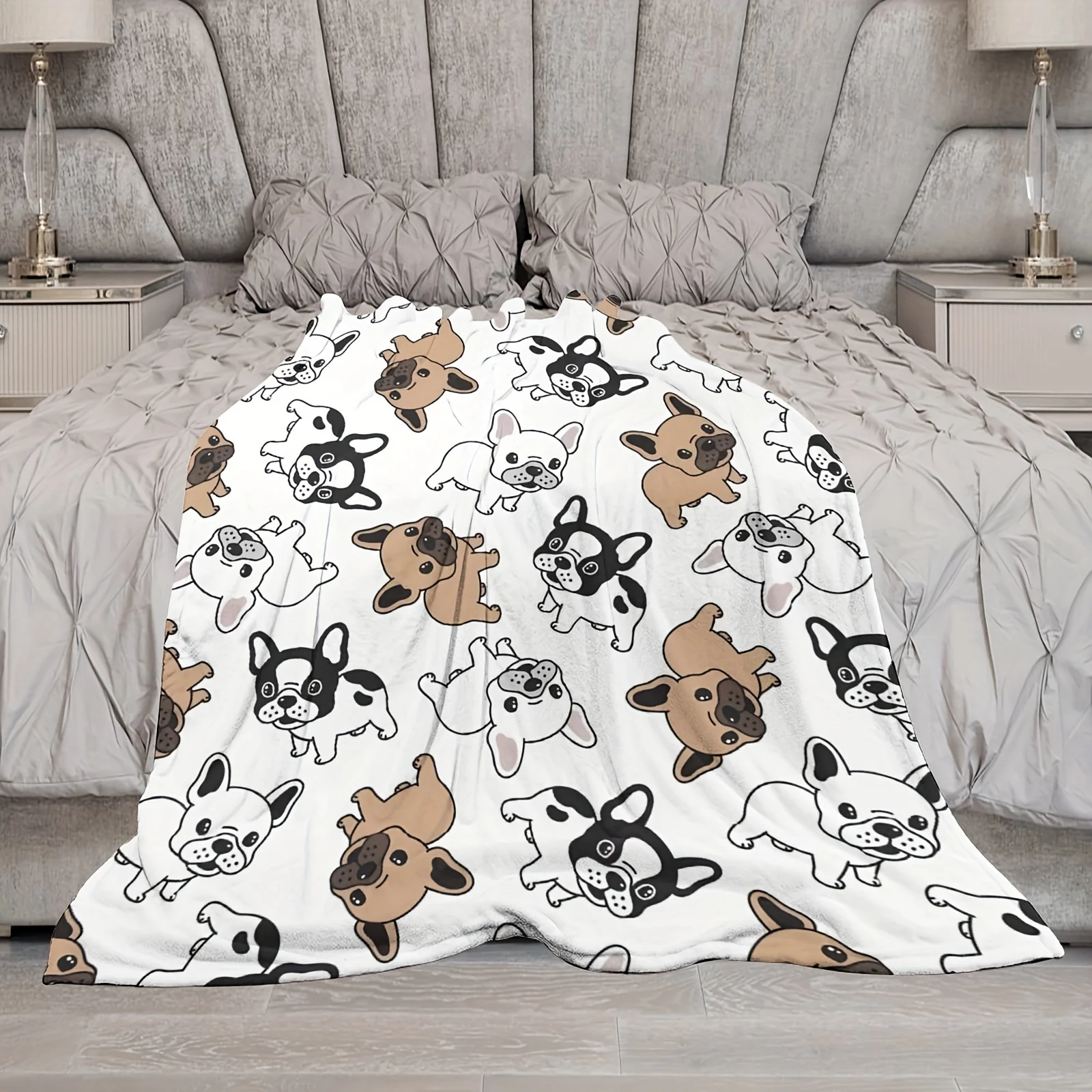 Cartoon French Bulldog Pattern Warm Blanket - Soft and Cozy Nap Blanket for Kids and Adults, Exquisite and Cute Home Essential