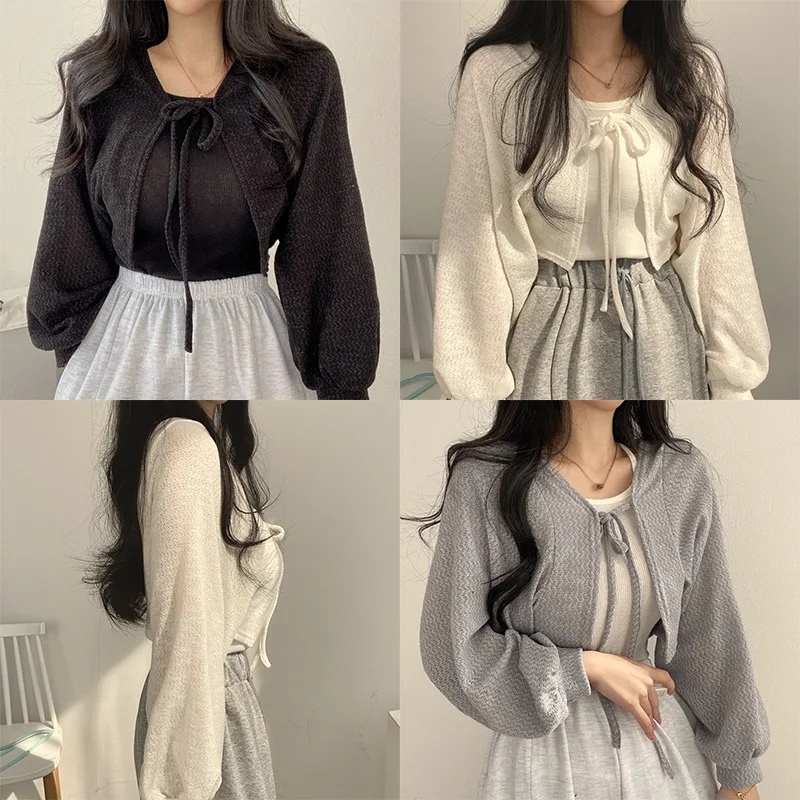 Korean Style Coat Cardigan Thin Short Lantern Sleeves Straps Sense of Design Vintage Solid Color Sun Protection