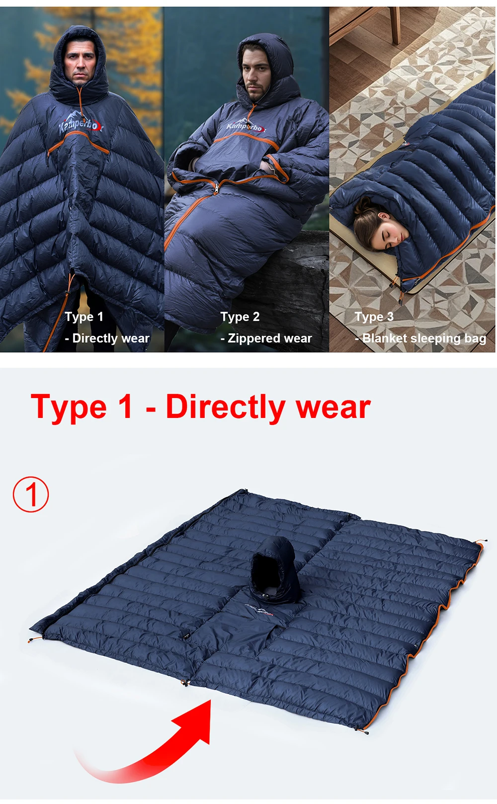 Kamperbox Winterschlafsack Poncho Winter Camping Poncho Winter Tragbarer Schlafsack Campingdecke PC600 – Detail 4