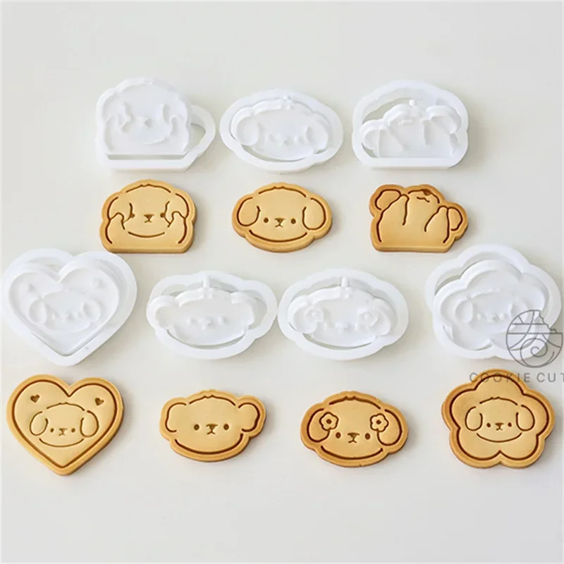 Cute Flower Dog Cookie Cutter Biscuit Mold 3D Puppy Plastic Pressable Fondant Cookie Stamp New Year Cake Decor Baking Supplies