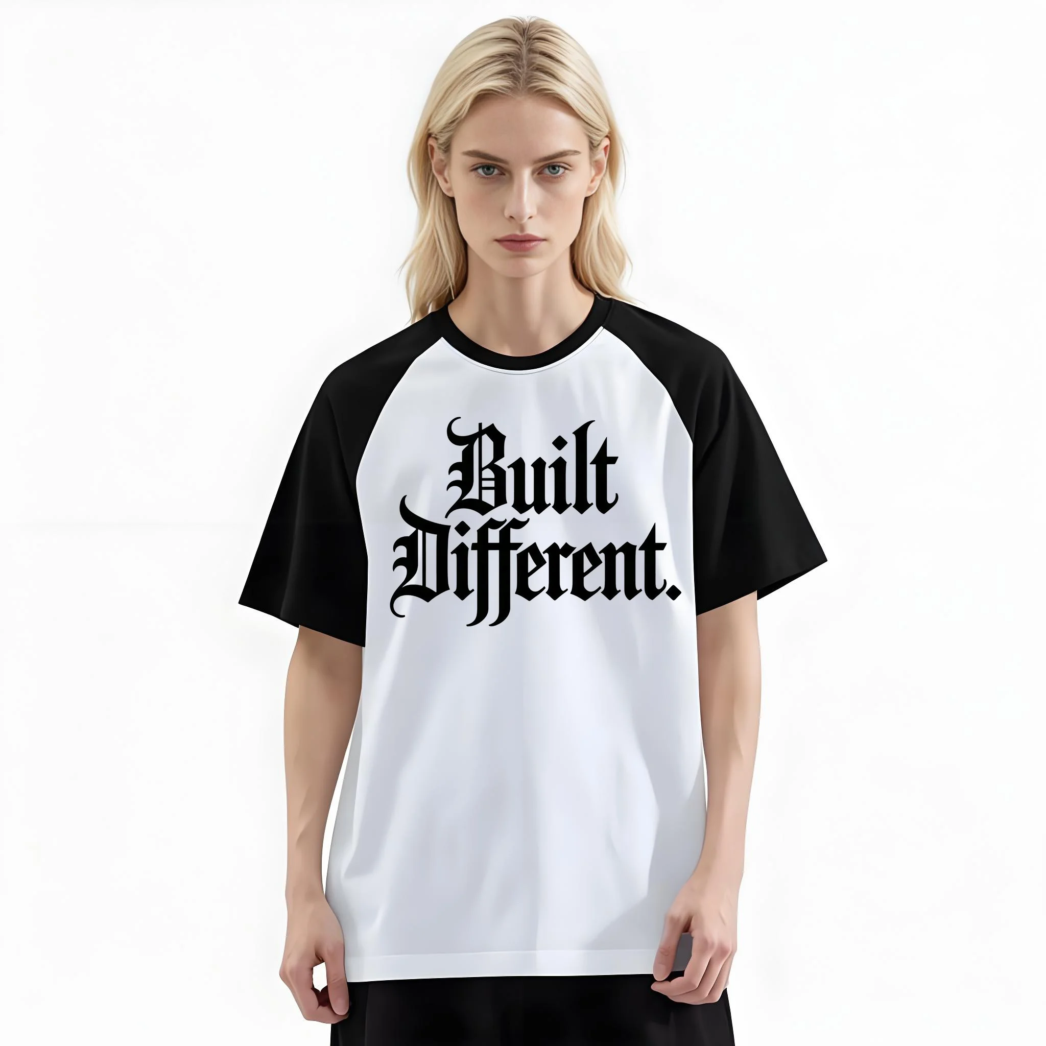 Women'S Fashion Raglan Sleeve T-Shirt, Black Gothic Built Different Letter Printed, Summer Casual Comfortable Tee, Women'S Everyday Short-Sleeve Top