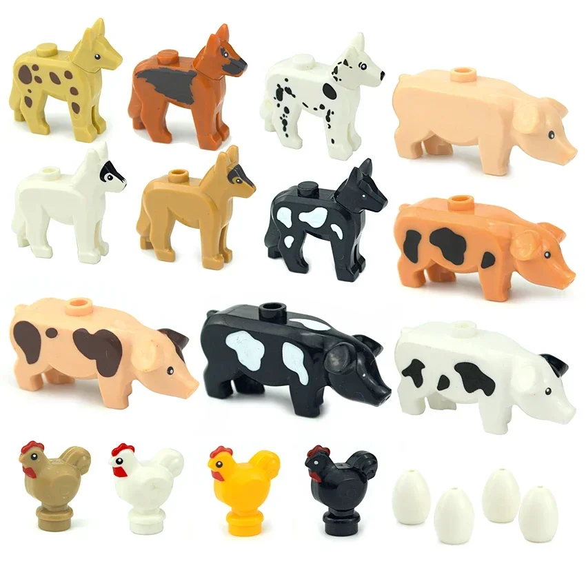 DIY Bricks MOC Farm Animal Building Blocks Pigs Chickens Eggs Dogs Pets Poultry City House Courtyard Accessories Creative Toys