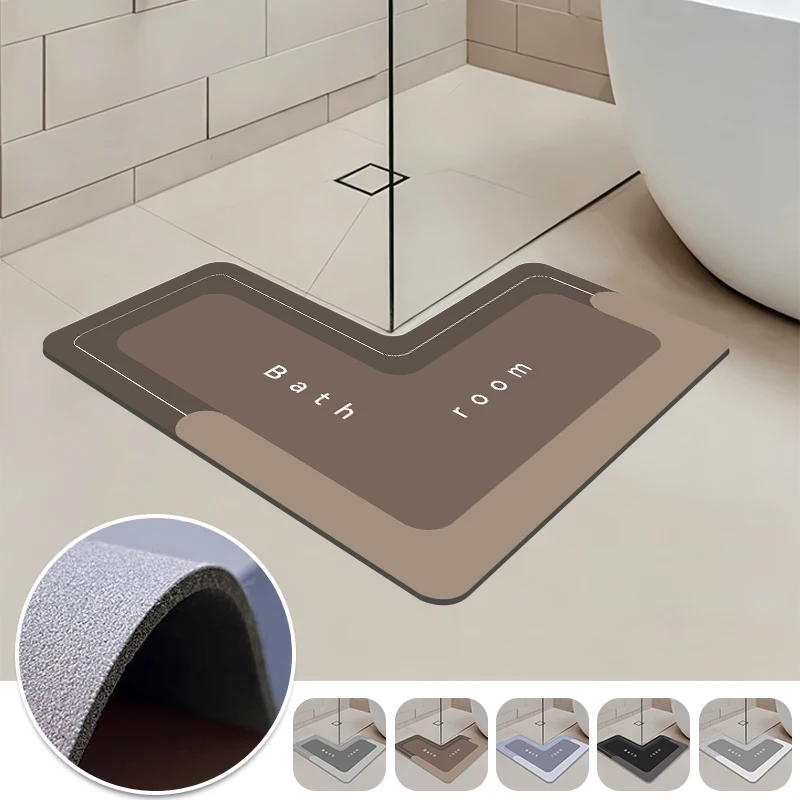 L-Shaped Bathroom Mat Anti-Slip Diatomite Floor Mat Super Absorbent Quick-drying Shower Toilet Rug Modern Minimalist Home Decor