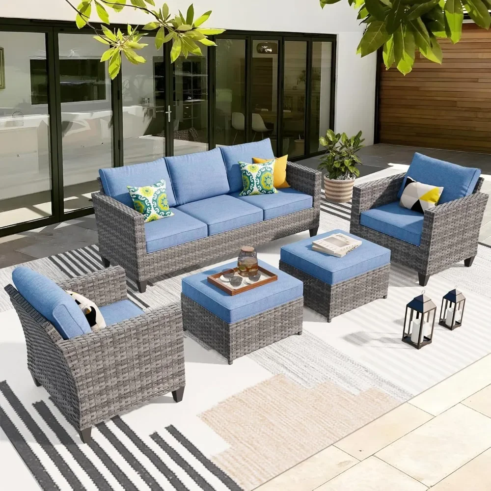 Outdoor Wicker Rattan Sofá Sofá com cadeiras, otomanos e almofadas confortáveis, Mobiliário do pátio Set, 5 pcs