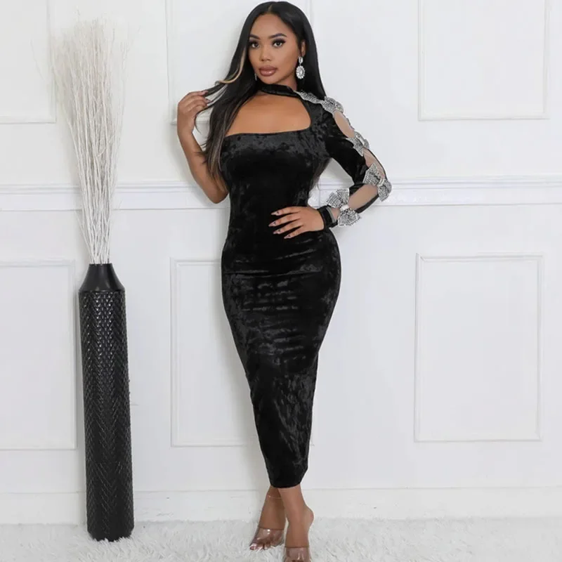 Sexy One Shoulder Velvet Maxi Dress Women Evening Night Club Party Halter Long Sleeve Bow Tie Prom Elegant Long Dresses Gown