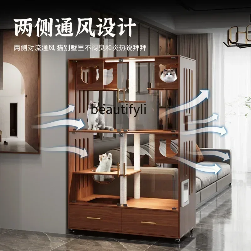 Solid Wood Cat Villa Home with Toilet Integrated Panoramic Glass Luxury Large Cattery Cat Cage