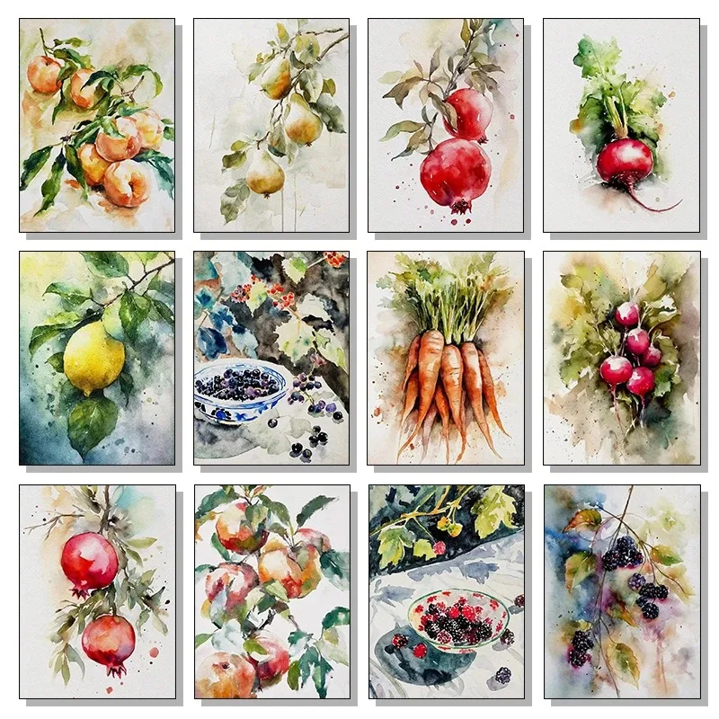 Vintage Fruit Pomegranate Strawberry Peach Lemon Watercolor Illustration Poster Canvas Paintings Wall Art HD Pictures Home De