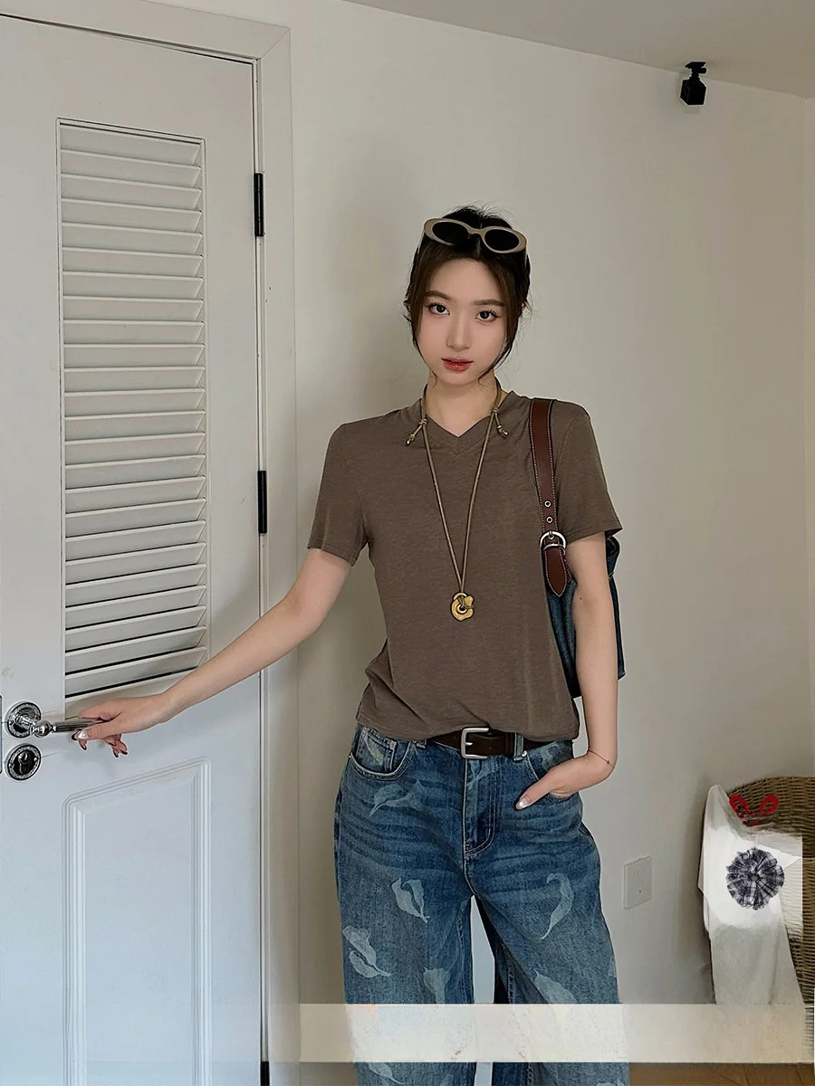 

Brand Early Spring V-Ne Slim Fit Wool T-irt DEARSOCUTE Hand-Pied Store Commute Sle ort Sve Women's Top