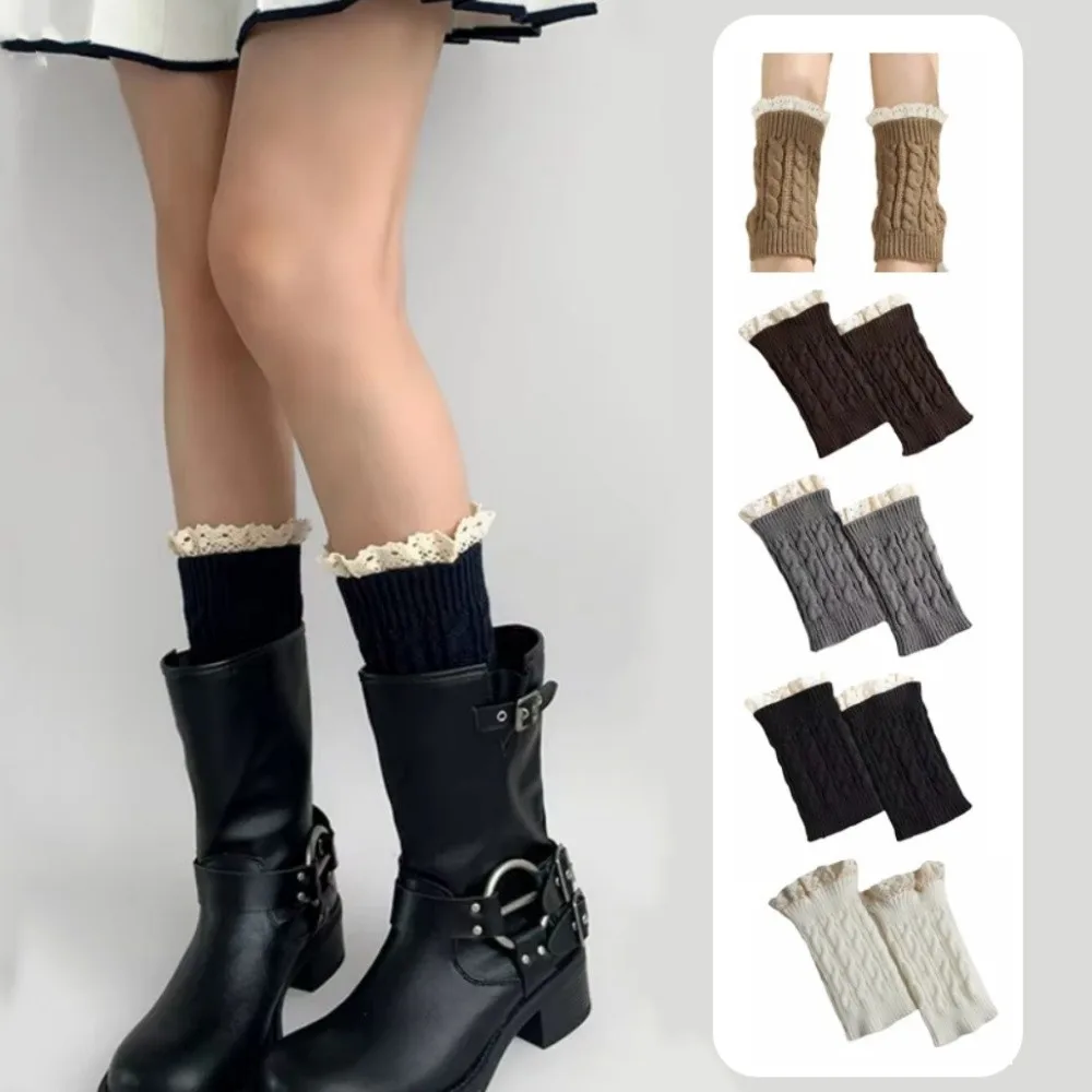 Lace Trim Cable Knit Leg Warmers Breathable Soft Touch Ankle Sock Cover Thickened Elastic Cuff Stacked Pile Socks Outdoor Wear