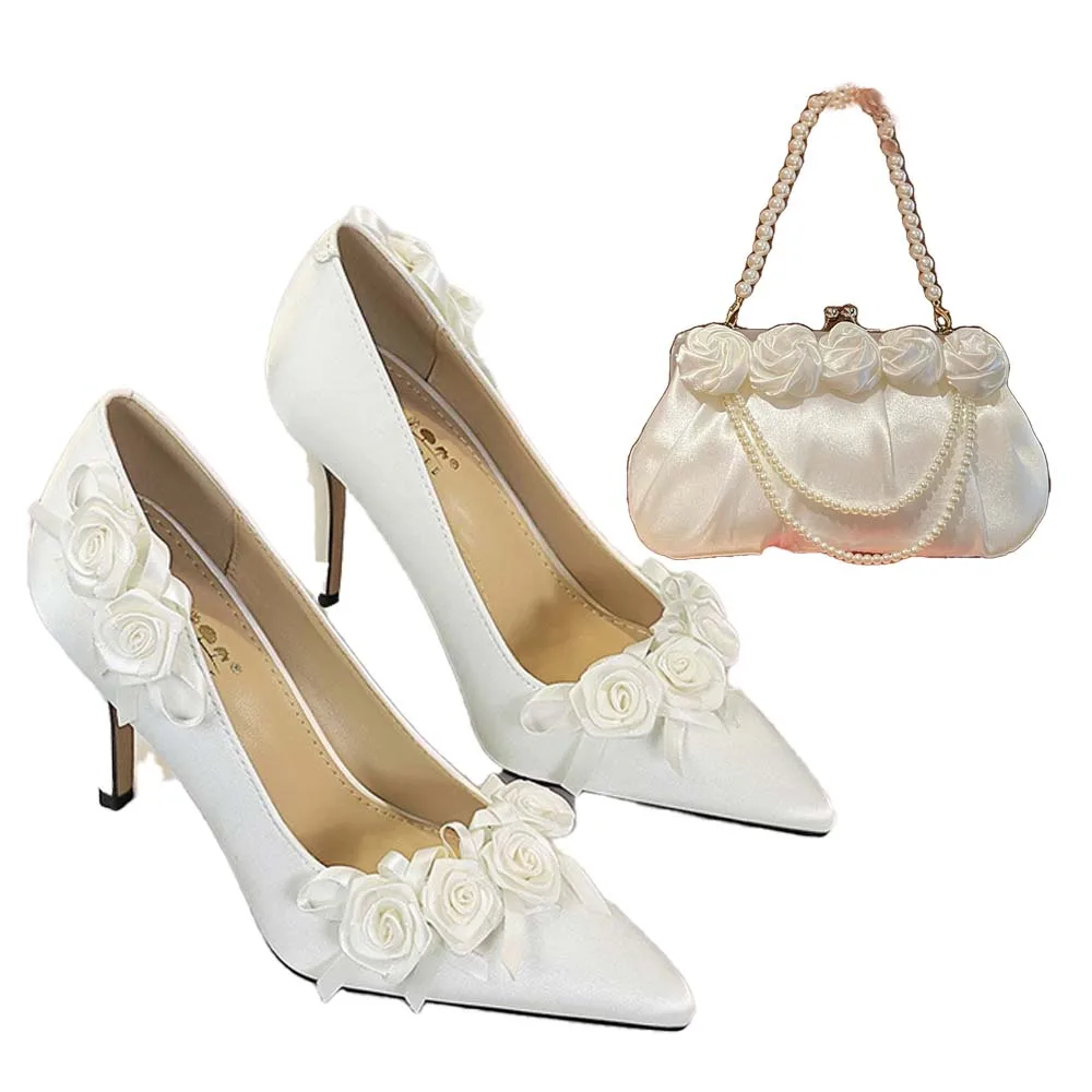 

Women's Designer Shoes Bag Sets White Evening Bag Matching Bag and Shoes Rose Bridal Shoes High Heels Stiletto Vintage