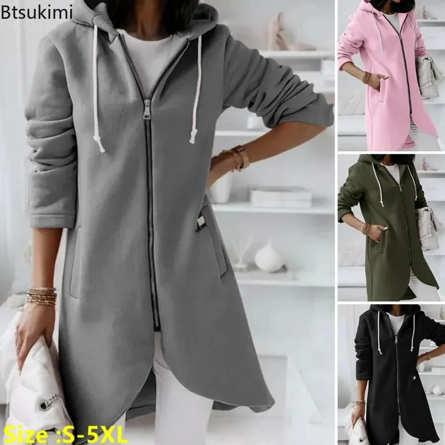 

New 2024 Women's Casual Long Hoodies Sweatshirt Coat Jacket Zip Up Outerwears Autumn Winter Pockets Outwear Women Warm Clothing